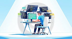 Programmer working on multiple computer screens with code displayed