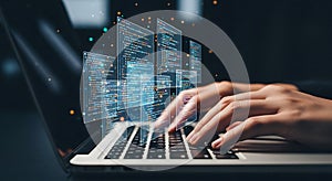 Programmer working on code development with laptop futuristic interface and modern technology