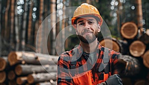 Skilled sawmill worker poster depicting dedication amid lumber stacks and industrial machinery