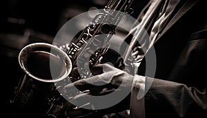 The skilled saxophonist blowing elegant music on stage with focus