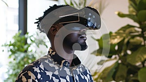 Skilled smart person wearing VR headset while connecting with metaverse. AIG42.