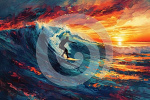 A skilled surfer riding a wave at sunset, capturing the adrenaline-filled moment of conquering a powerful swell, Vibrant depiction