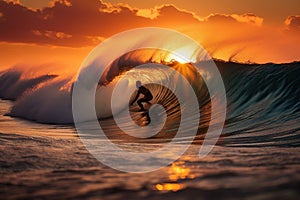 Skilled surfer surfing a big wave at sunset. Generative AI