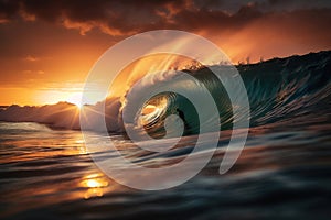 Skilled surfer surfing a big wave at sunset. Generative AI