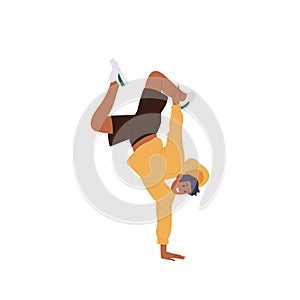 Skilled talented energetic young teenager male breakdancer balancing on one hand isolated on white