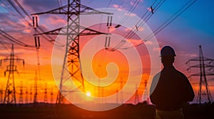 Skilled technician repairing high voltage power lines on a tall electrical tower.