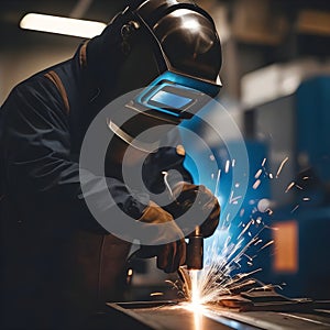 Skilled Welder Engaged in Precision Metalwork at Industrial Workshop During Evening Hours