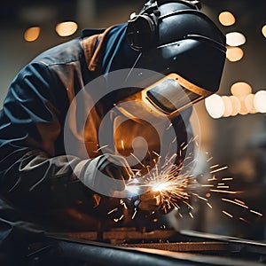 Skilled Welder Engaged in Precision Metalwork at Industrial Workshop During Evening Hours