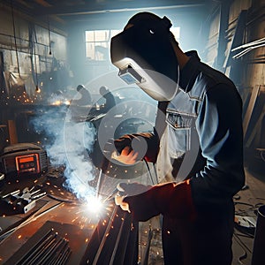 Skilled Welder Engaged in Precision Metalwork at Industrial Workshop During Evening Hours