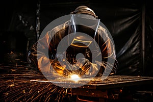 Skilled welder in protective gear focusing intently on metalwork surrounded by vivid flying sparks at the factory