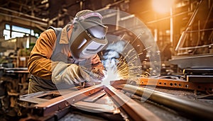 A skilled welder in protective gear is meticulously welding in an industrial setting photo