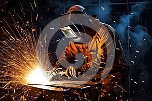 Skilled welder workers are welding in the construction site in the factory.