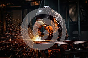 Skilled welder workers are welding in the construction site in the factory.