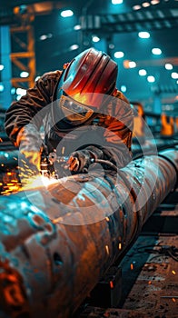 Skilled Welder Working on Industrial Steel Pipe in Factory