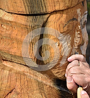 Skilled Wood Carver is working on recreating an old viking statue