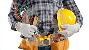 The skilled worker holding tools and a safety helmet in a construction setting..AI generated image