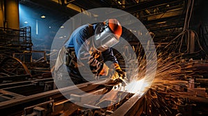 Skilled worker in protective gear expertly executing arc welding with an electric welder