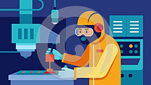 A skilled worker in protective gear skillfully uses a hightech machine to emble a custom product in a brightly lit