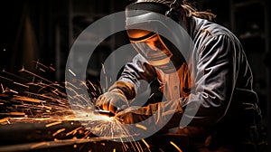 Skilled worker wearing protective gear while performing arc welding with an electric arc welder