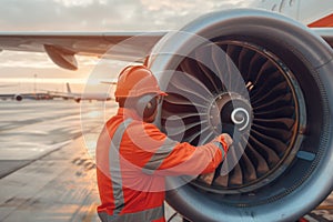 Skilled young airplane mechanic plane check engine avionics hangar industry technology experienced engineer safety