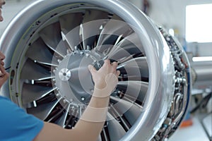 Skilled young airplane mechanic plane check engine avionics hangar industry technology experienced engineer safety photo