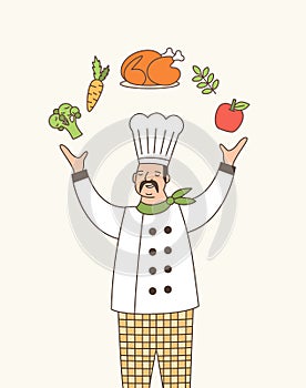 Skillful chef outline vector illustration. Professional dreamy cook in white jacket and chefs hat juggling food cartoon