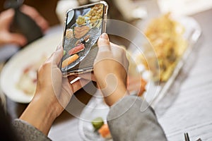 Skillful person taking photo of sushi plate on a smartphone