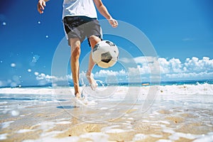 Skillful soccer showdown amidst the summer waves on a sandy beach
