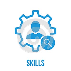Skills icon with research sign. Skills icon and explore, find, inspect symbol