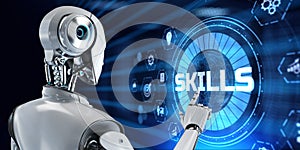 Skills Personal training development education concept. Robot pressing button on screen. 3d render