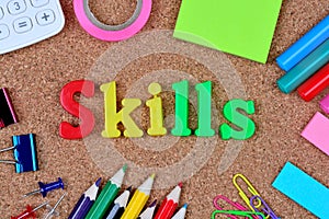 Skills word on cork board