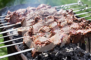 Skimmed meat on skewers with haze