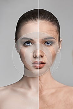 Skin aging, wrinkles, woman facial rejuvenation. Skin care, recovery and regeneration of the skin. Before and after. Woman aging