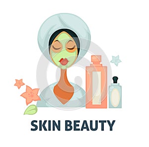 Skin beauty SPA wellness salon vector icon of woman with facial mask and cosmetic moisturizers