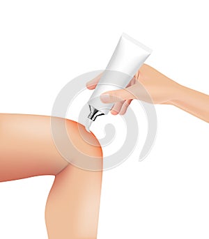 Skin burn injury treatment. First aid for burn wound vector illustration, knee with skin injury.