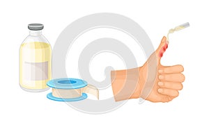 Skin burn injury treatment. First aid for thermal wound. Damaged finger and ointment vector illustration