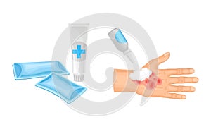 Skin burn injury treatment. First aid for thermal wound vector illustration