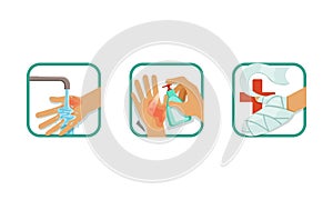 Skin Burn Injury Treatment Set, Treating Hand Injury with Water, Antiseptic, Bandaging, Brochure, Poster Infographic photo