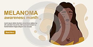 Skin cancer and melanoma awareness month woman screening. Person health checkup, birthmark spot vector illustration.