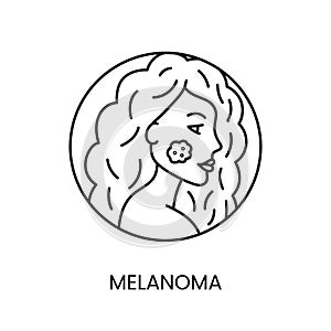 Skin cancer melanoma line icon vector of oncological malignant disease on the face of a beautiful girl