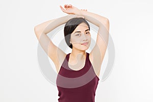 Skin care and armpit concept. Young asian woman isolated on white background in summer shirt. Copy space.