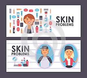 Skin care banner, vector illustration. Professional dermatology treatment products for teenagers with skin problems
