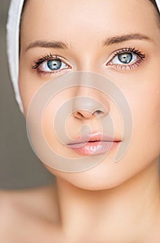 Skin care and beauty routine, beautiful woman with white towel wrapped around head, skincare cosmetics and face