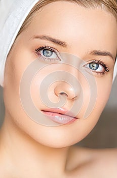 Skin care and beauty routine, beautiful woman with white towel wrapped around head, skincare cosmetics and face