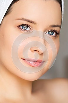 Skin care and beauty routine, beautiful woman with white towel wrapped around head, skincare cosmetics and face