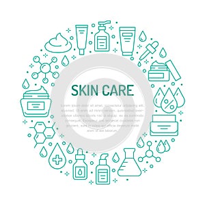 Skin care circle poster with flat line icons. Hyaluronic acid drop, serum, anti ageing compound retinol, moisturizing