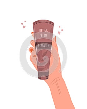 Skin care concept. Female hand holds tube of lifting cream with collagen. Morning routine. Face moisturizer. Hand drawn