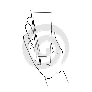 Skin care concept. Hand in realistic gesture hold tube of cosmetic cream. Sketch, linear drawing in minimalist style
