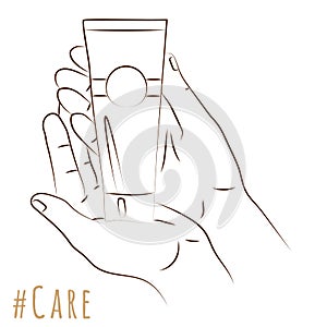 Skin care concept. Hands in realistic gesture hold tube of cosmetic cream. Delicate rejuvenation. Natural cosmetics