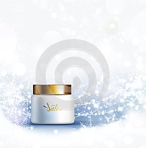 Skin care cosmetics cream, Holiday Gift. Light winter background for advertising and message. Vector illustration.